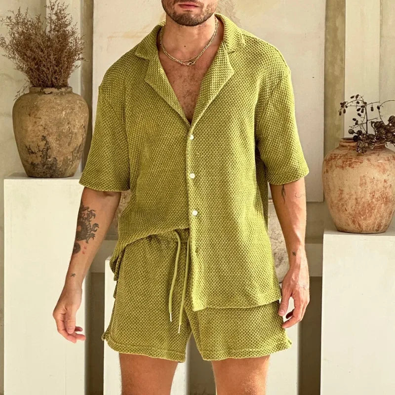 Bellivaro | Herre Sommer Strik Sæt i Åndbart Design – Kortærmet T-shirt og Matchende Shorts