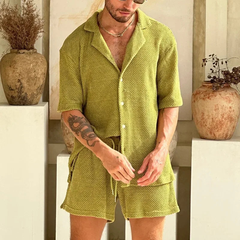 Bellivaro | Herre Sommer Strik Sæt i Åndbart Design – Kortærmet T-shirt og Matchende Shorts