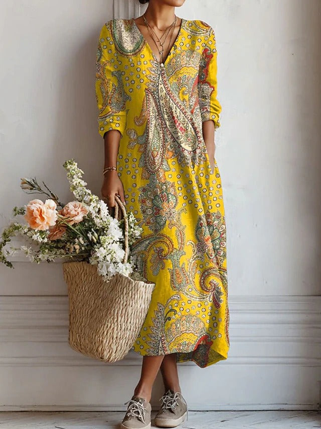 Boho Midi Kjole i Hørlook med Print til Dame