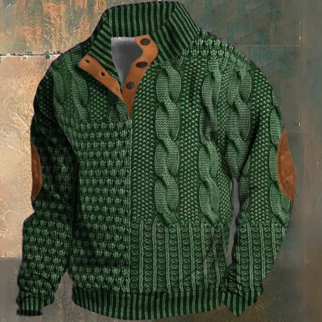 Herre Kabelstrikket Sweater med Halv Knaplukning