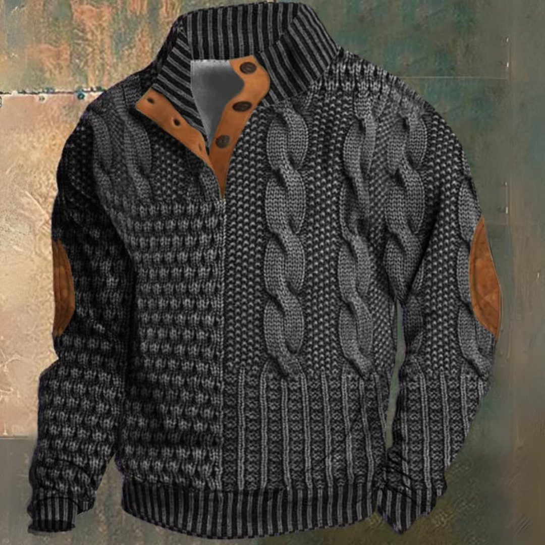 Herre Kabelstrikket Sweater med Halv Knaplukning