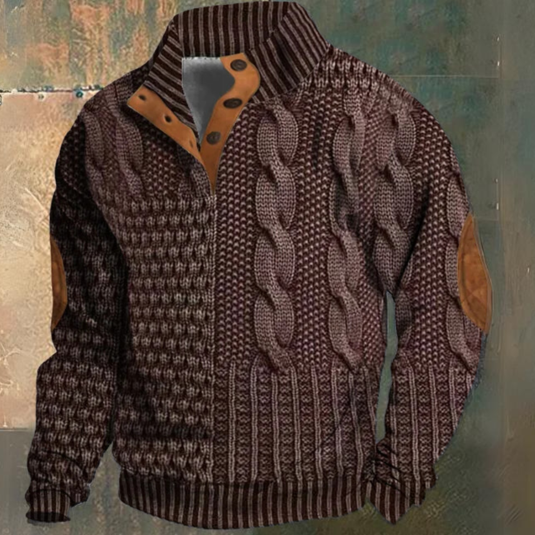 Herre Kabelstrikket Sweater med Halv Knaplukning