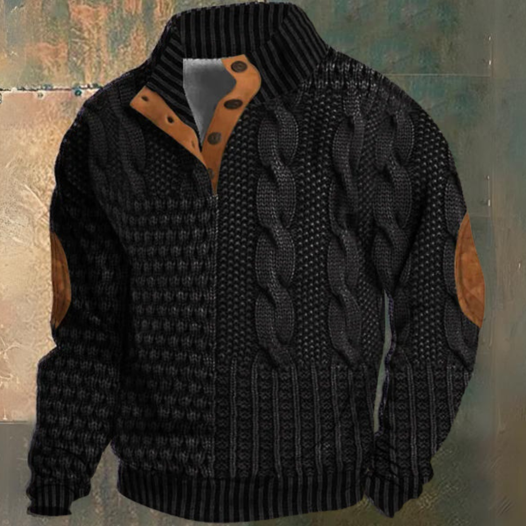 Herre Kabelstrikket Sweater med Halv Knaplukning