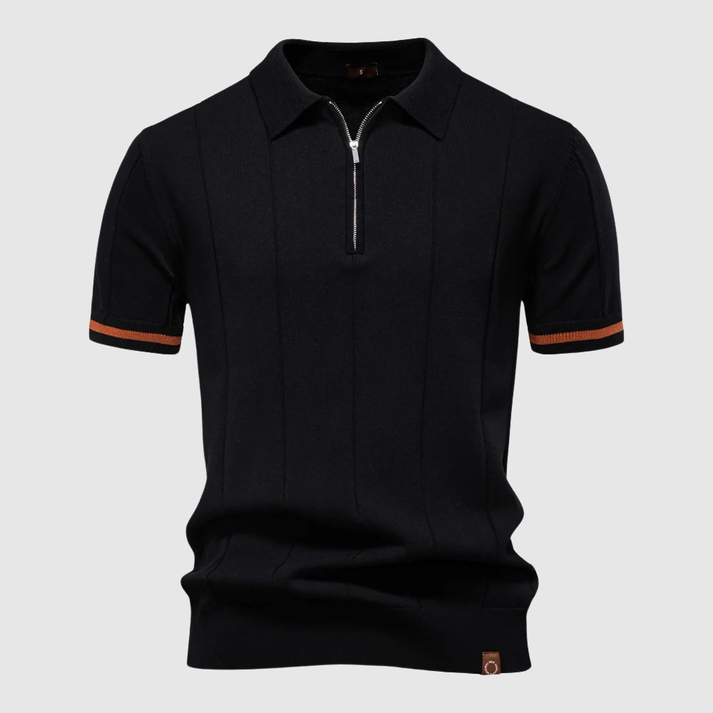 Dynamisk herre polo med zip og korte ærmer – lodrette striber