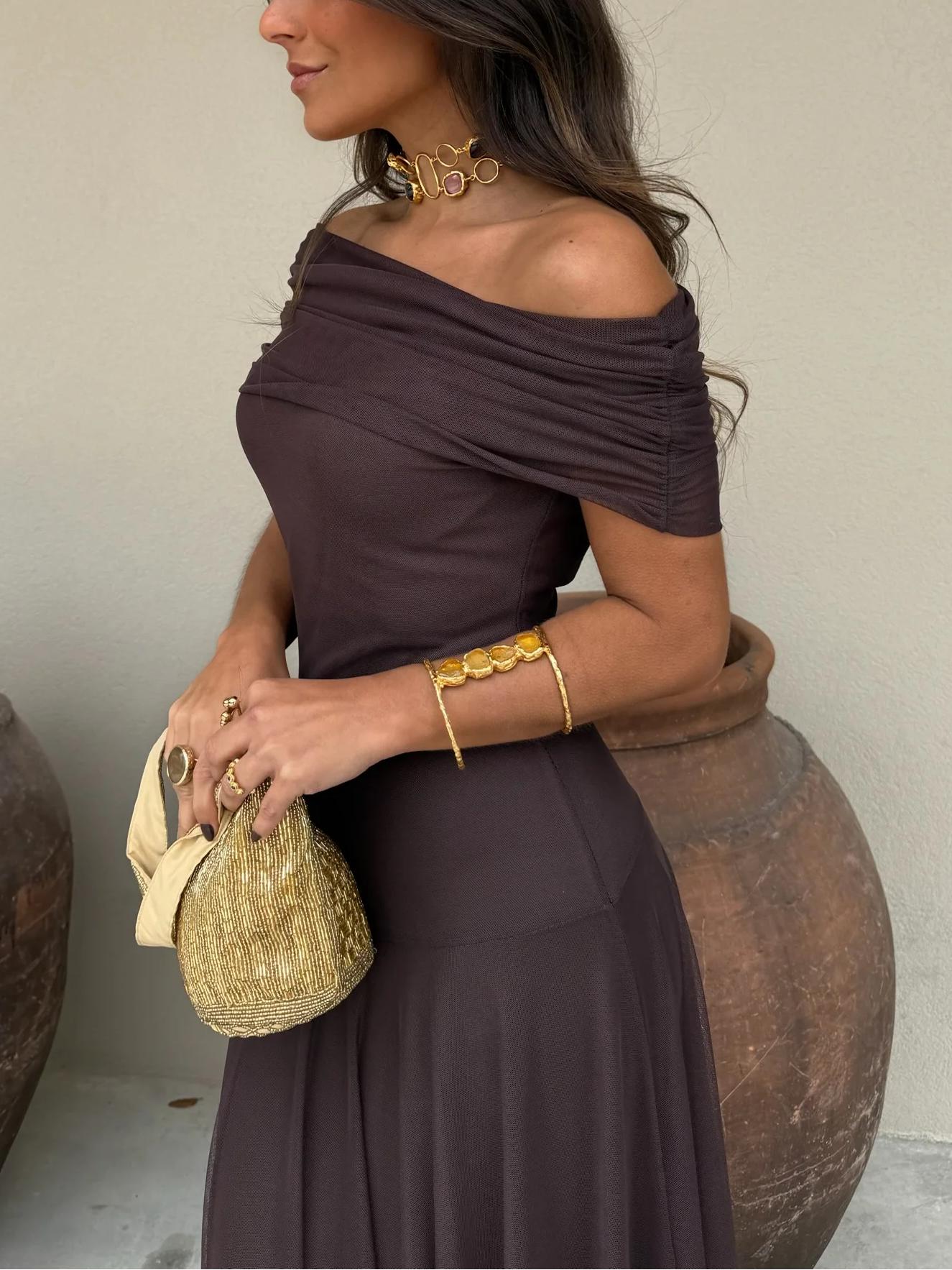 Vestido de ceremonia elegante Lang para mujer con capa de malla