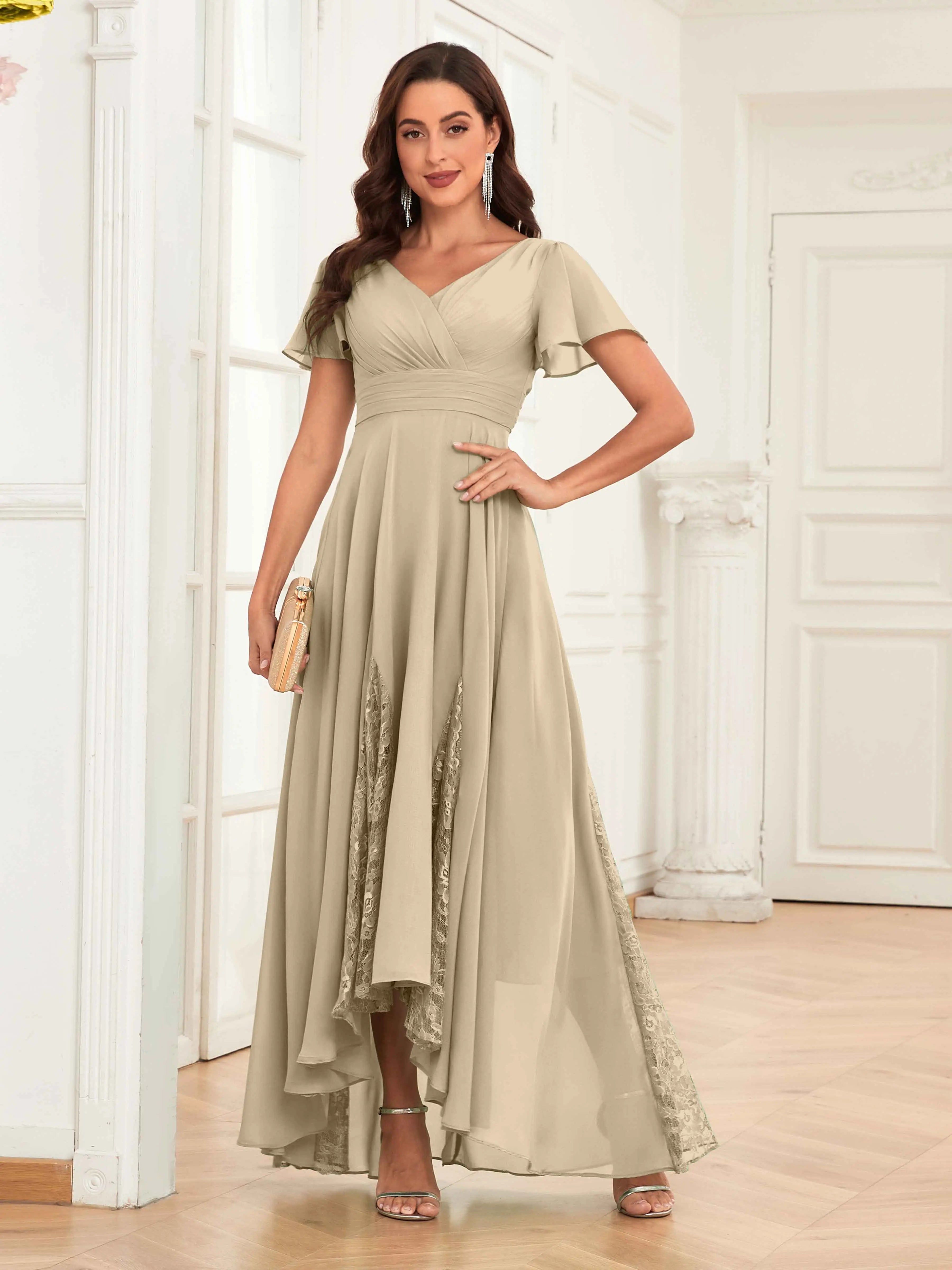 Vestido de Chiffon "Mor til Bruden" – Renda com Pregas, Decote em V, Vestido Formal Assimétrico com Mangas Curtas