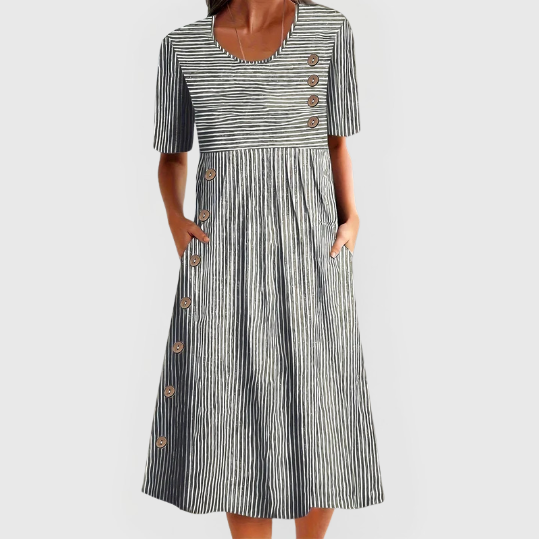 Robe midi rayée pour femmes avec manches 3/4 – Robe de tous les jours légère et confortable au design classique pour les journées d'été douces et les loisirs