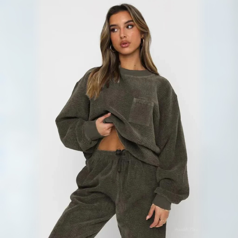 Ribbet Lounge Sæt til Kvinder med Sweatshirt og Joggingbukser
