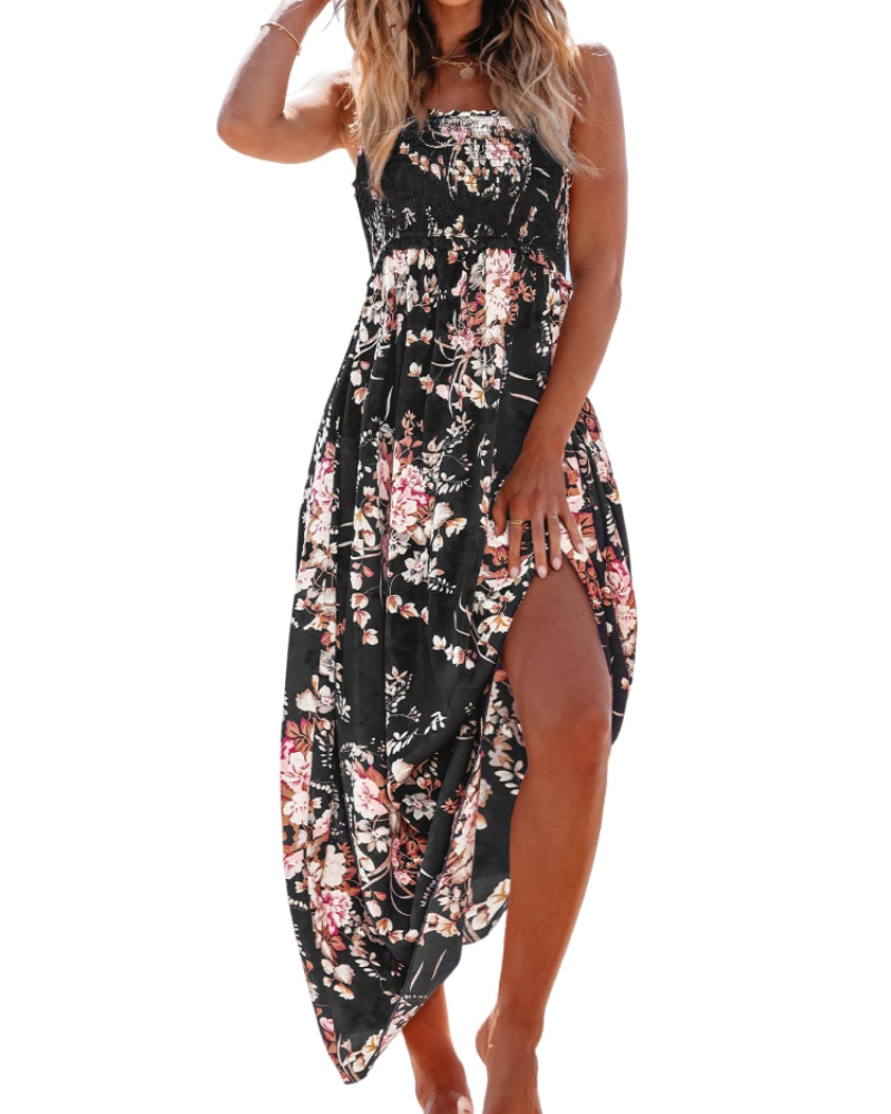 Blomstret Maxikjole med Smock og Slids
