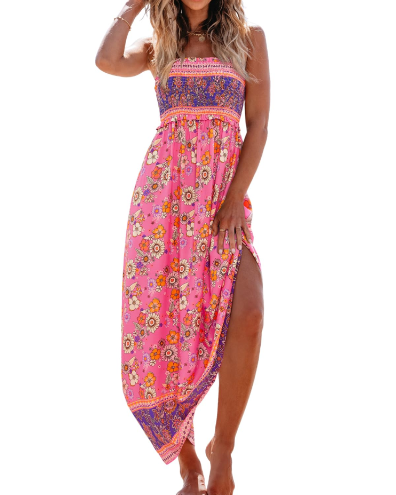 Blomstret Maxikjole med Smock og Slids