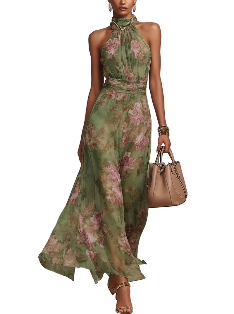 Dame Lang Blomstret Chiffon Maxikjole med Halterneck