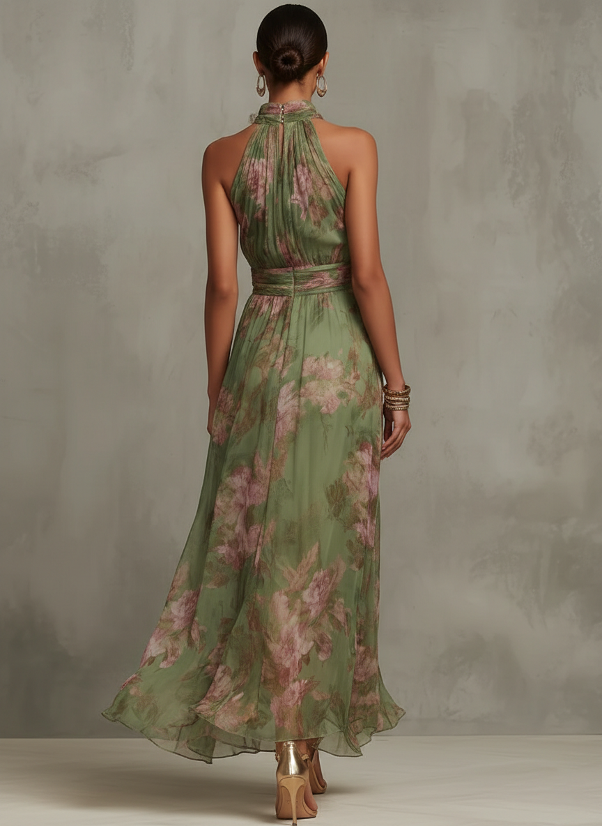 Dame Lang Blomstret Chiffon Maxikjole med Halterneck