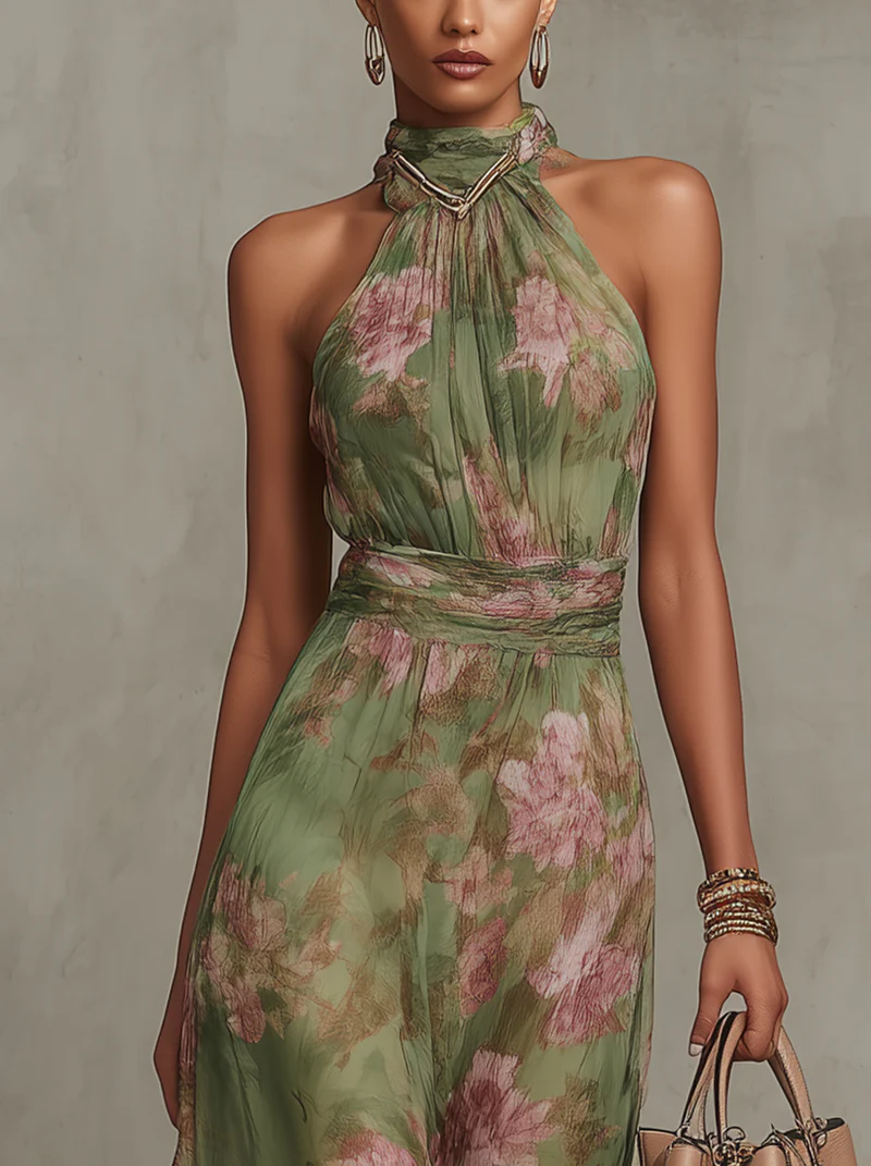 Dame Lang Blomstret Chiffon Maxikjole med Halterneck