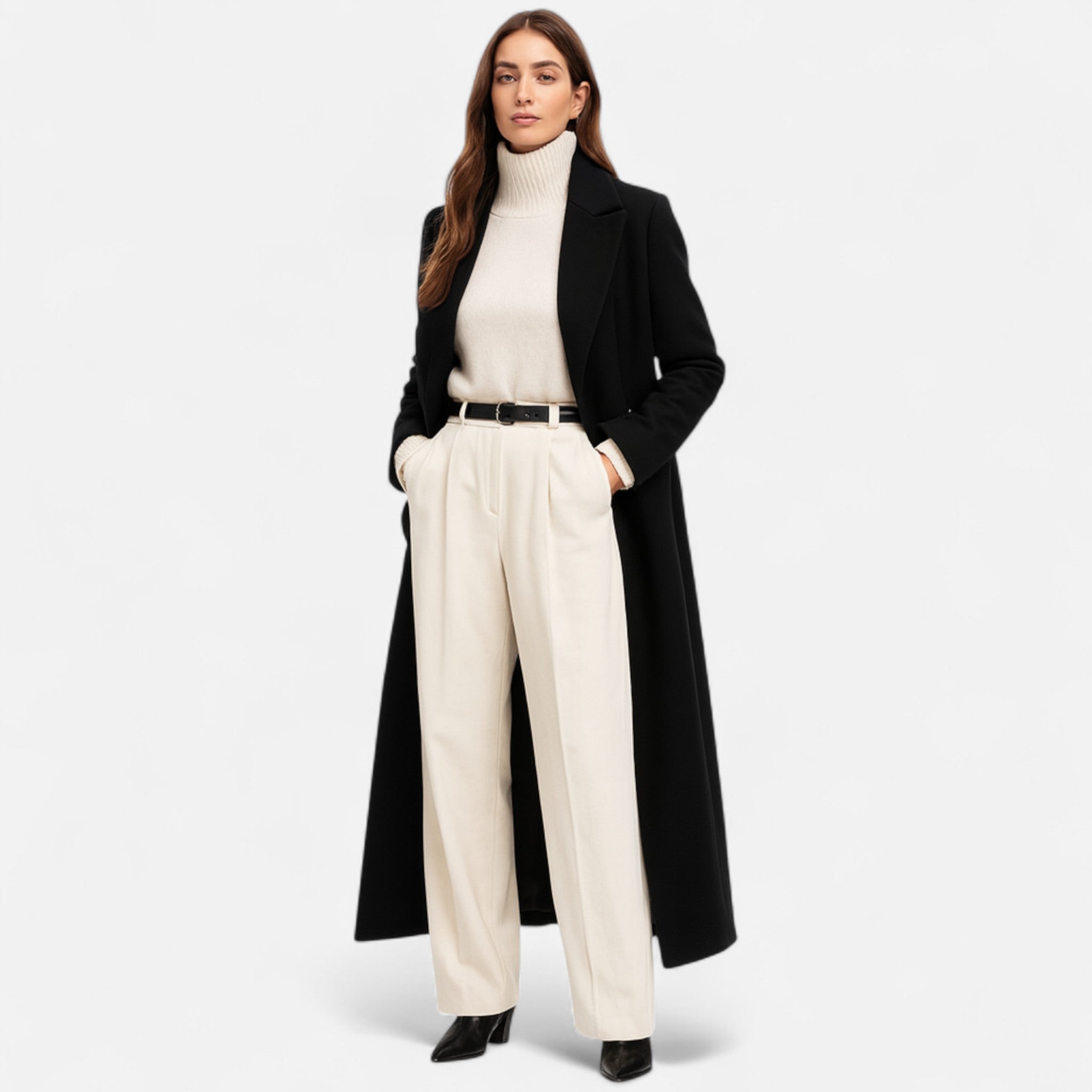 Abrigo Maxi Negro para Mujer – Elegante Prenda Exterior de Corte Largo para Todo el Año