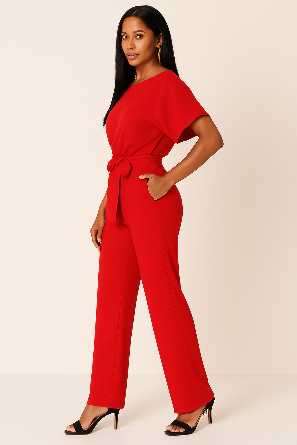 Dame Jumpsuit med Flagermusærmer og Bindebælte