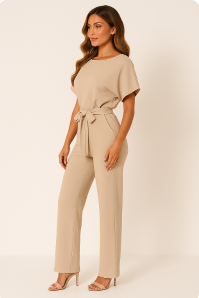 Dame Jumpsuit med Flagermusærmer og Bindebælte