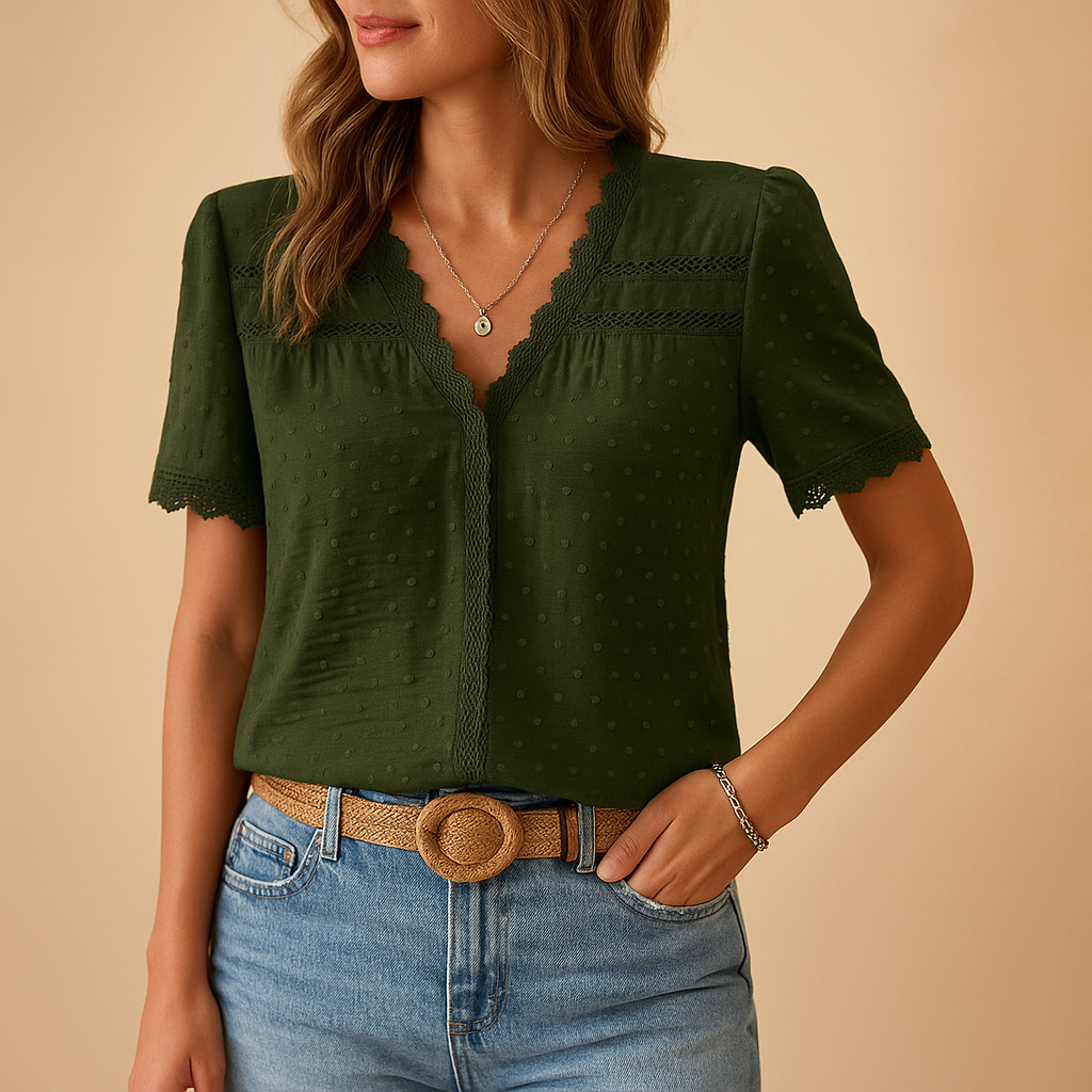 Dame Bluse med V-Hals og Blondedetaljer