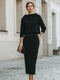 Two-piece set for women with boat neck top and midi skirt - Classic set with three-quarter sleeves and high-waisted skirt
