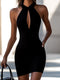 Vestido bodycon justo com decote halter e detalhe em abertura – vestido mini sem mangas em design elástico para ocasiões festivas