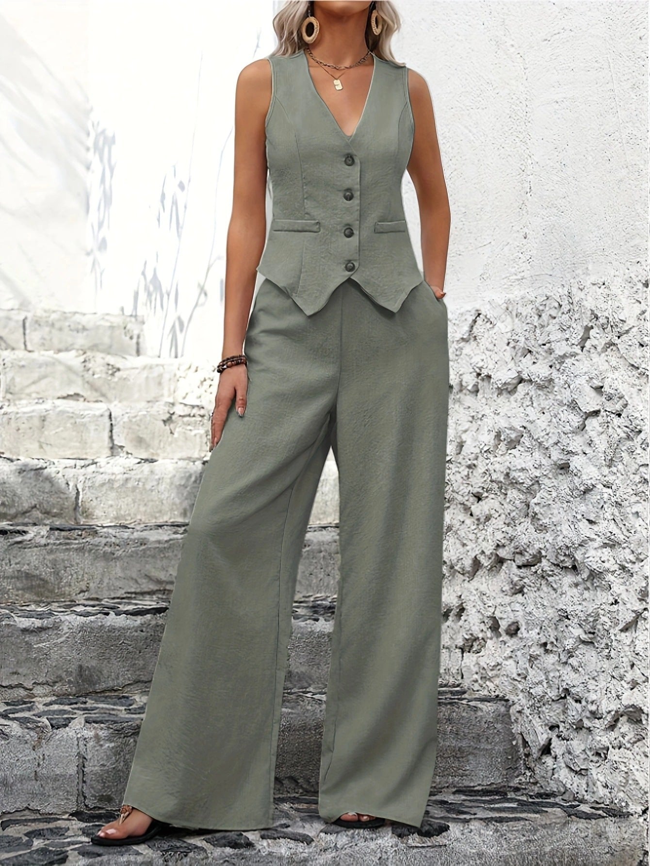Conjunto To-delt Mulher | Colete com Decote em V & Calças Largas com Caimento Elegante