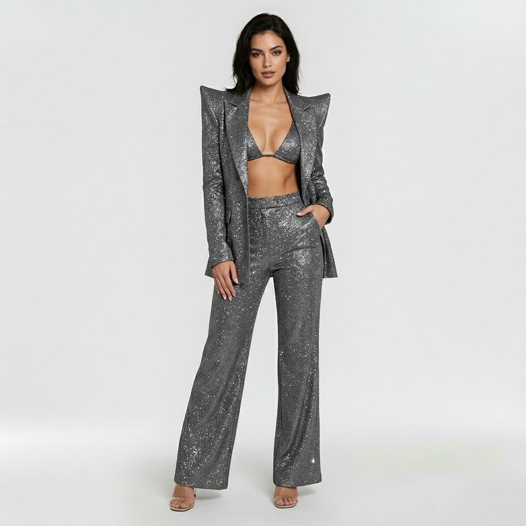Elegant buksedragt til kvinder med blazer og løstsiddende bukser til fest og moderne hverdagsbrug