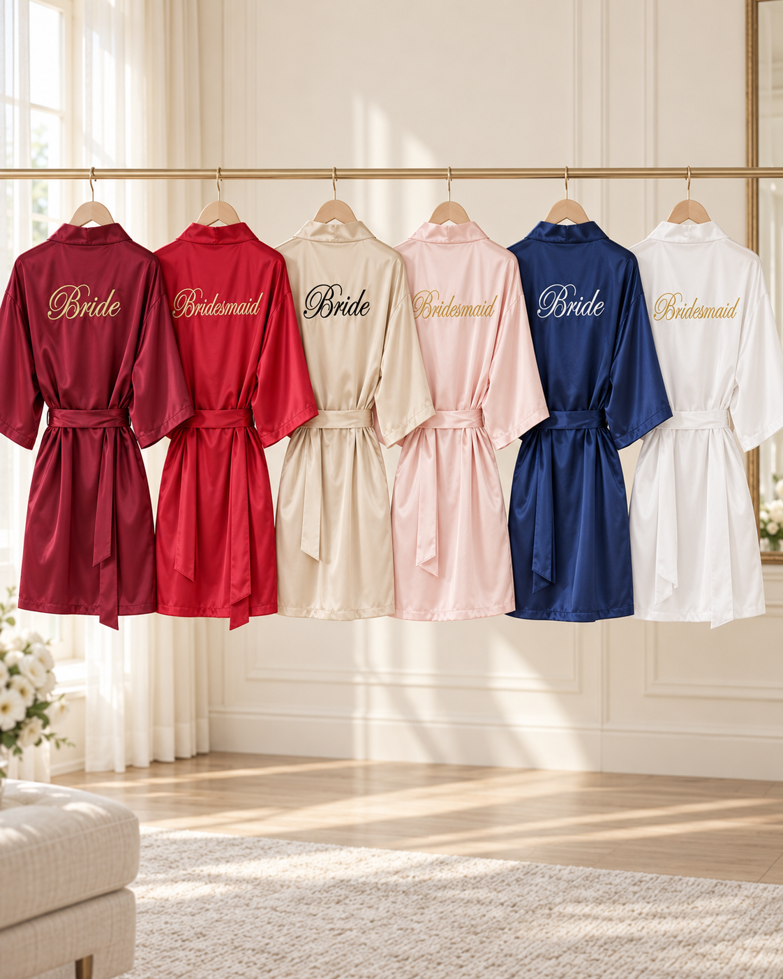 Satin Morgenkåber til Brud & Brudepiger med Broderi