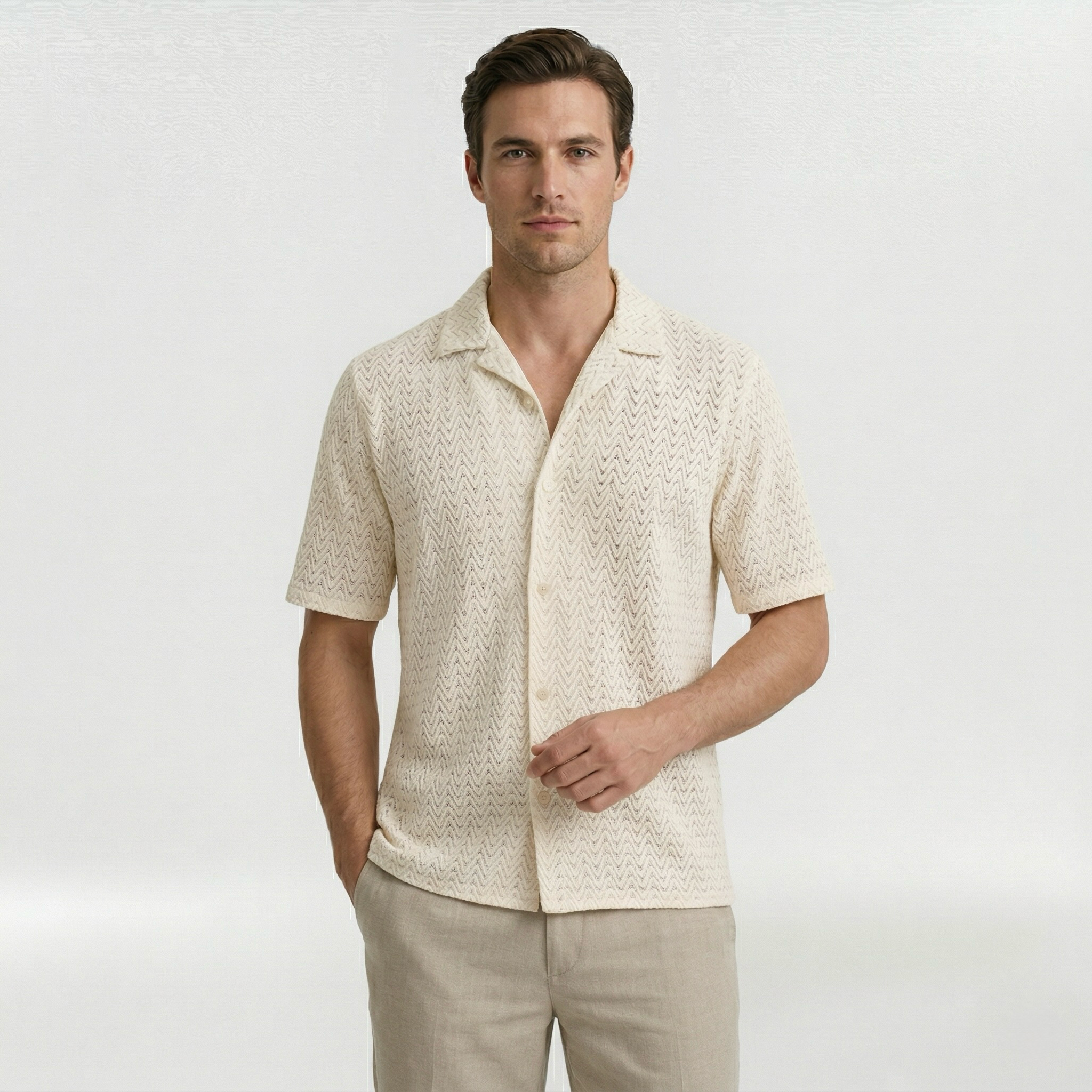 Solano | Chemise d'été homme à manches courtes, col ouvert, motif chevron texturé