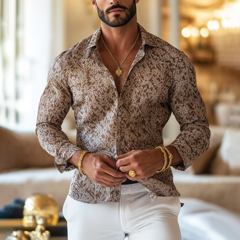 Camisa Vintage de Homem com Estampa, Gola Revers e Mangas Compridas