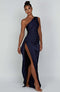 Satin Maxi Kjole til Damer | Elegant One-Shoulder Festkjole med Slids | Lang Gallakjole til Bryllup og Formelle Begivenheder