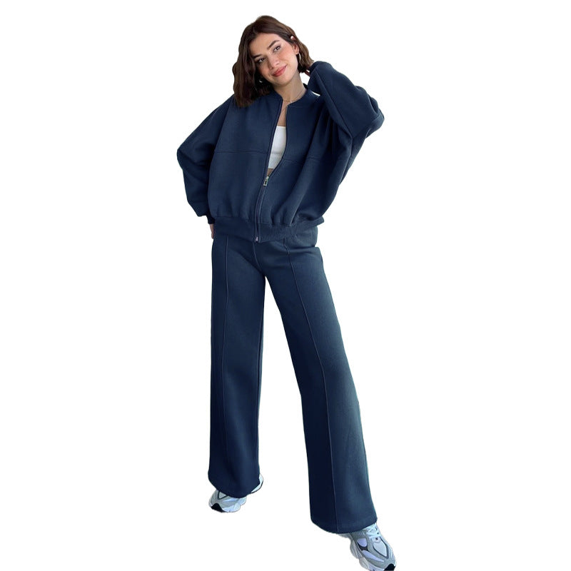 Tracksuit Sæt til Kvinder med Zip Neck og Vide Bukser
