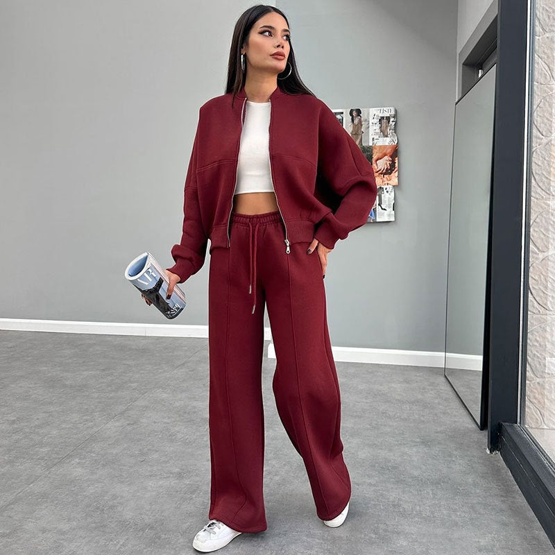 Tracksuit Sæt til Kvinder med Zip Neck og Vide Bukser