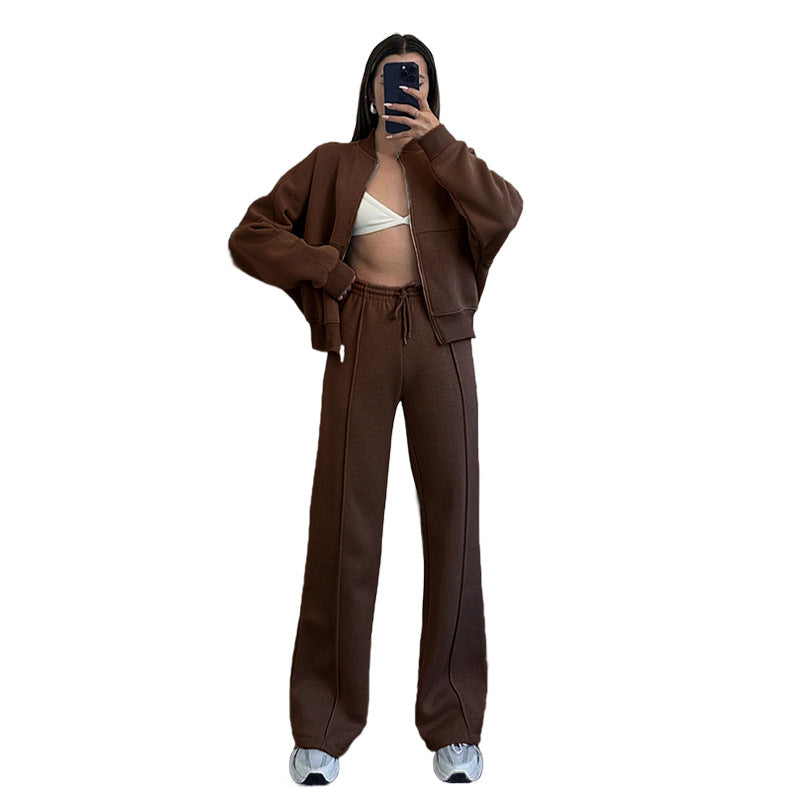 Tracksuit Sæt til Kvinder med Zip Neck og Vide Bukser