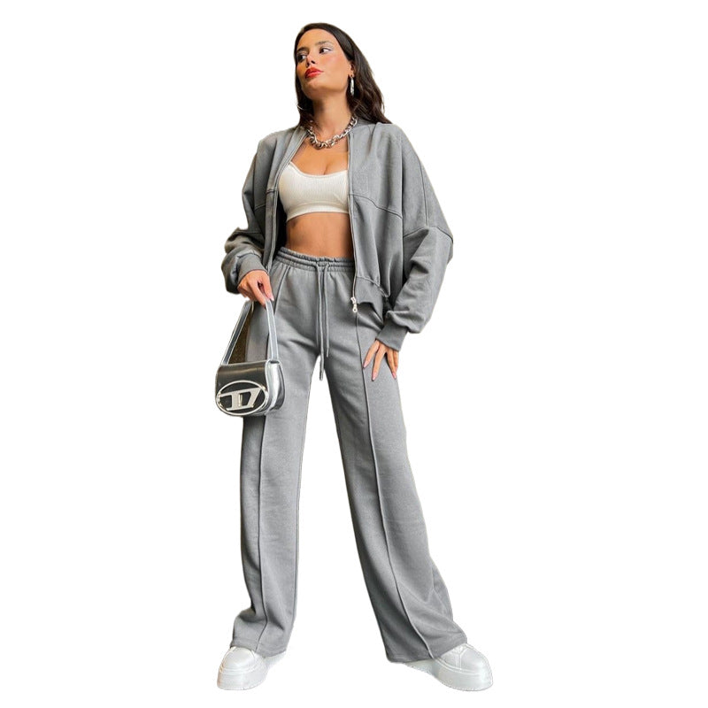 Tracksuit Sæt til Kvinder med Zip Neck og Vide Bukser