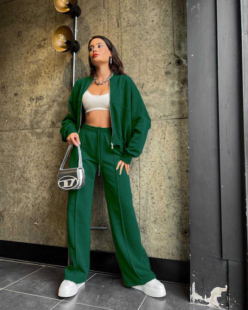 Tracksuit Sæt til Kvinder med Zip Neck og Vide Bukser