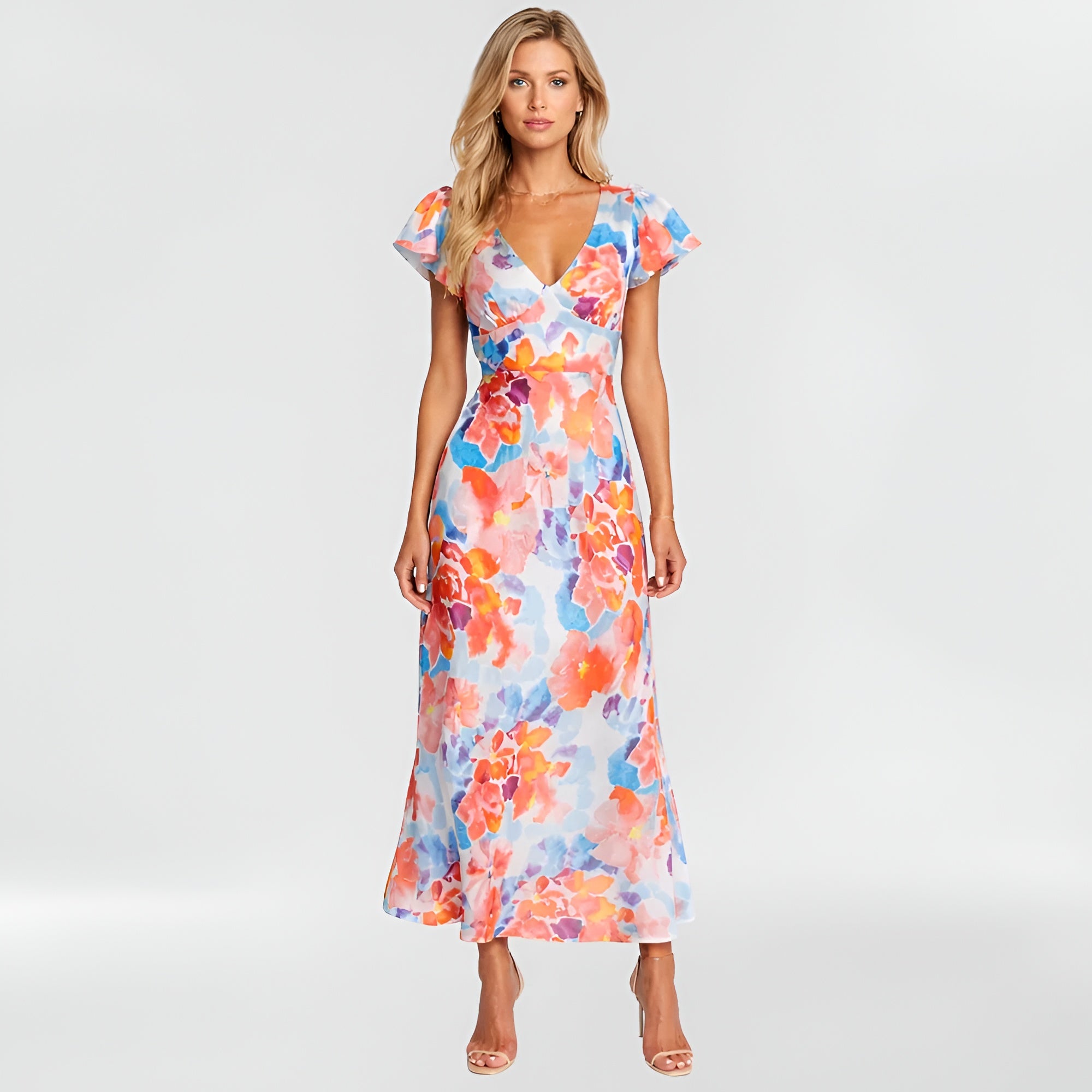 Długa sukienka damska z kwiatowym nadrukiem, dekolt w serek, krótki rękaw, dopasowany krój letnia sukienka