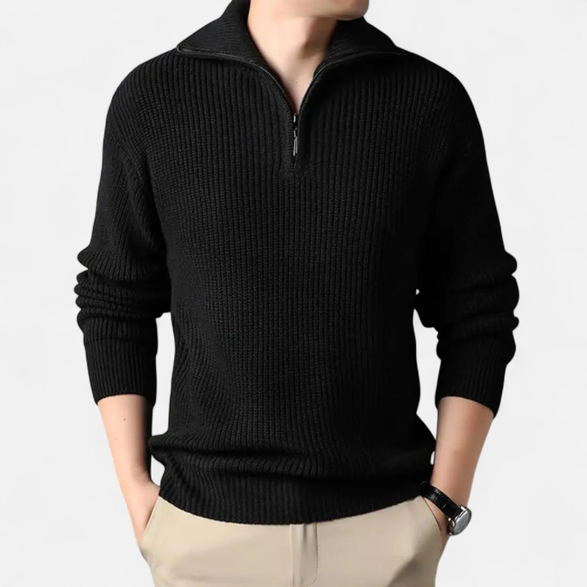 Mænds Ribstrikkede Half-Zip Uldblandingsstrik