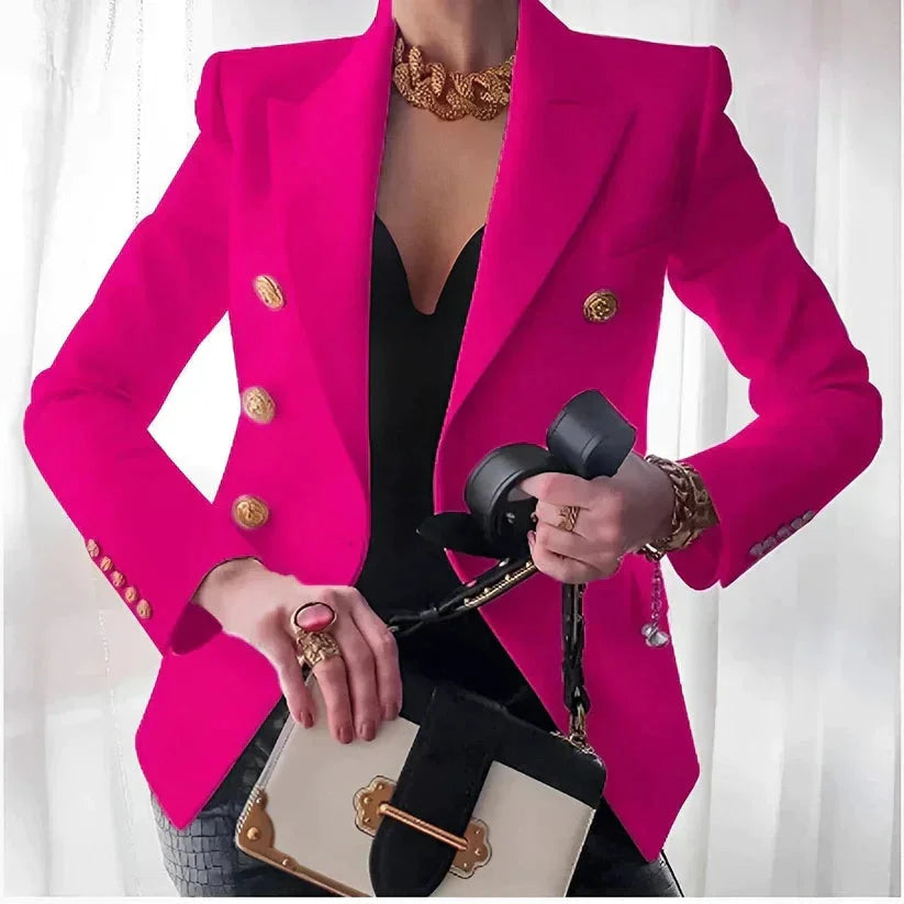Blazer femme noir à double boutonnage, boutons dorés, coupe élégante.