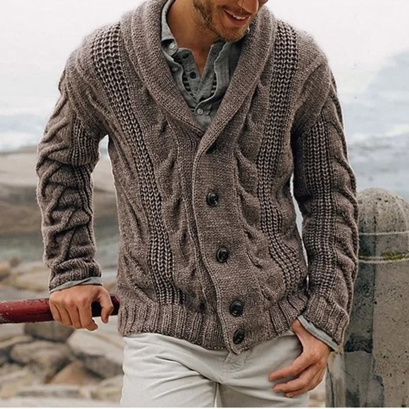 Kabelstrikket Cardigan til Mænd med Sjalskrave