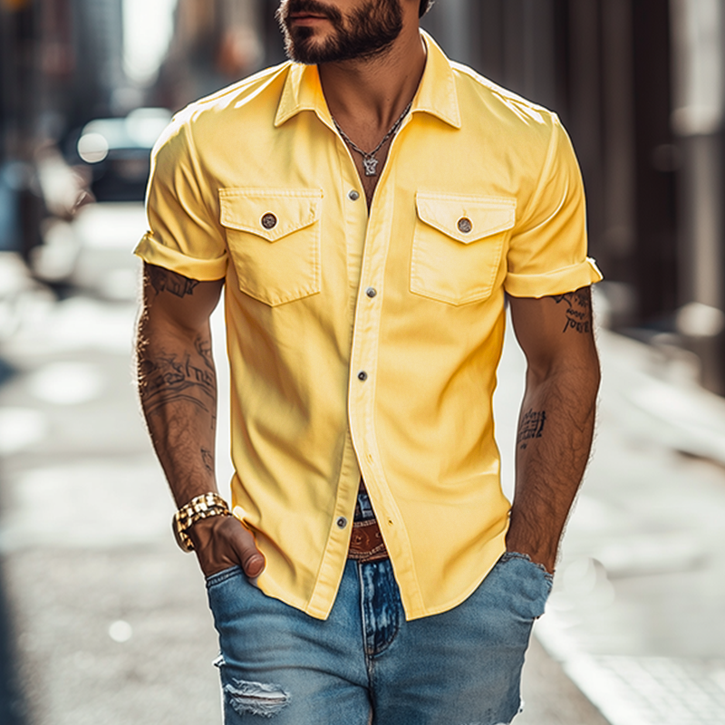 Férfi klasszikus casual egyszínű slim fit többzsebes poliészter-pamut rövid ujjú ing 39582391K