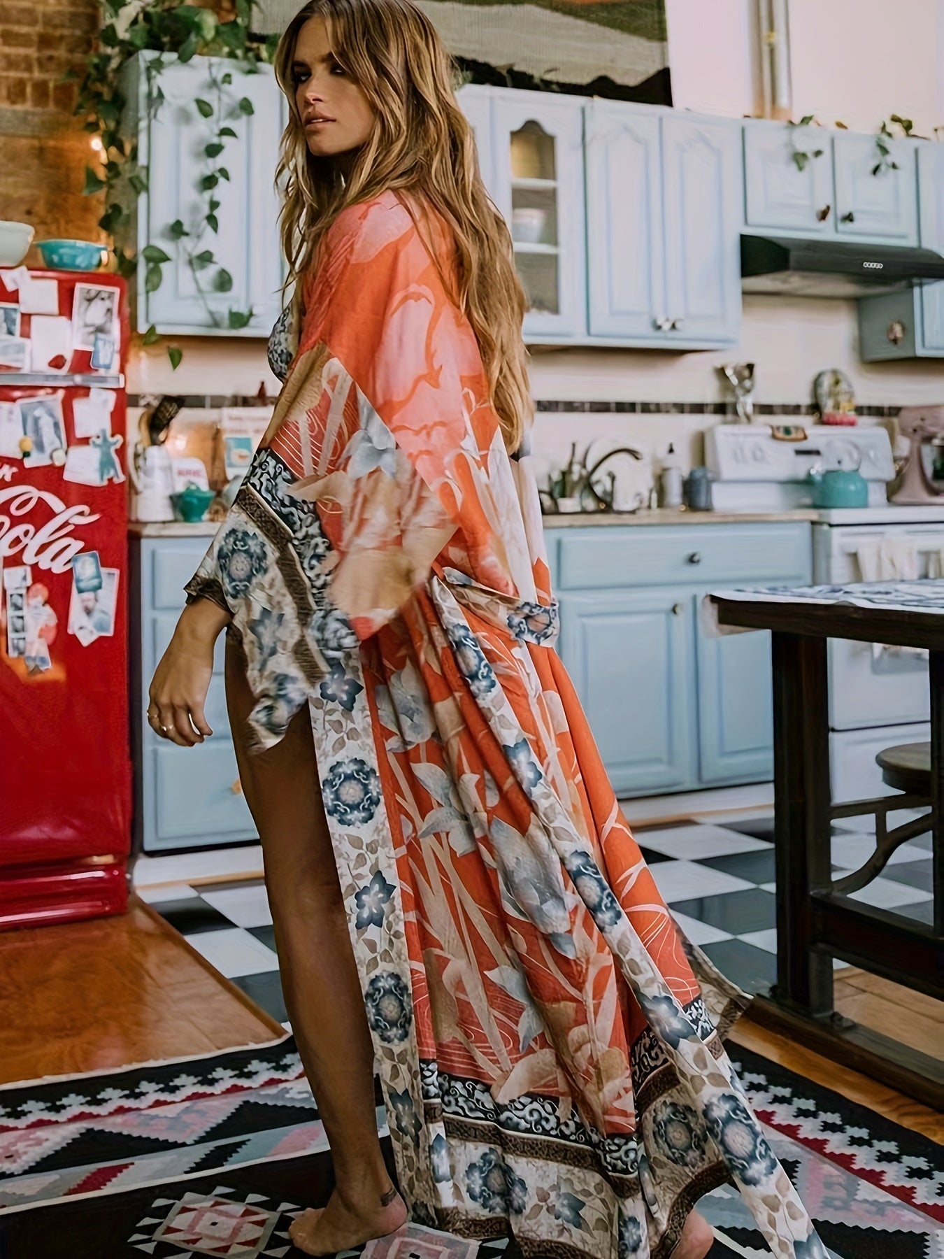 Greta Dames Kimono Jurk met Ceintuur en Bohemian Print – Lange Maxi Jurk