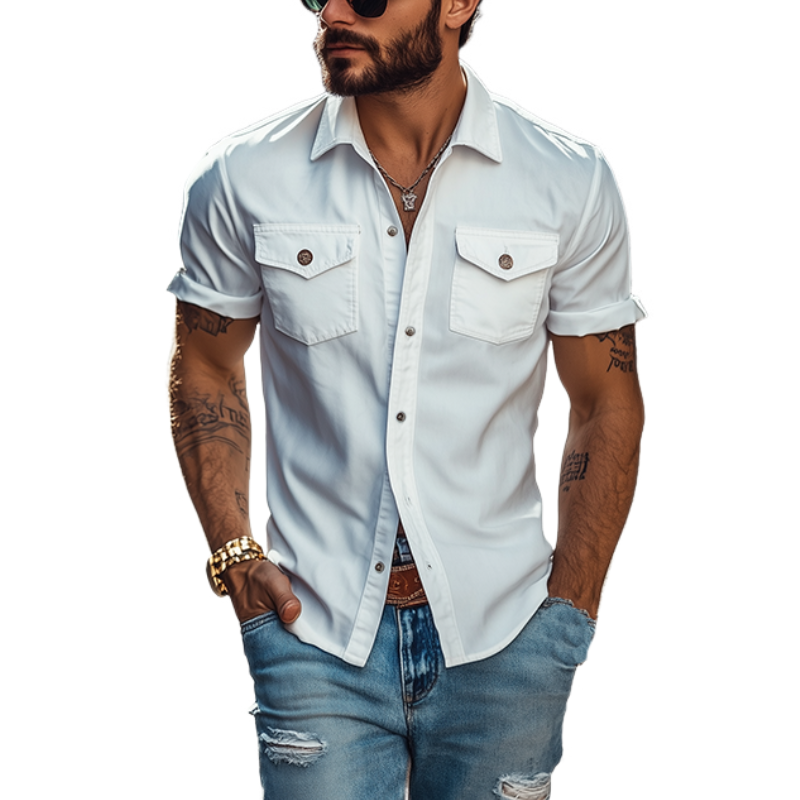 Camisa de hombre clásica casual lisa de corte slim con múltiples bolsillos, manga corta, poliéster y algodón 39582391K