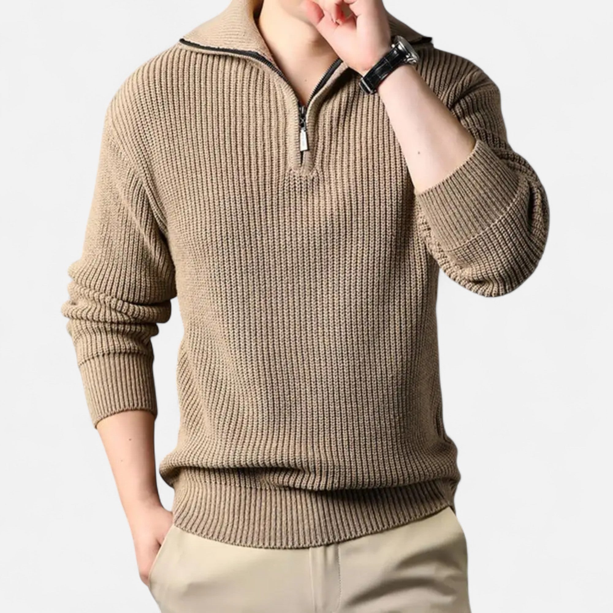 Mænds Ribstrikkede Half-Zip Uldblandingsstrik