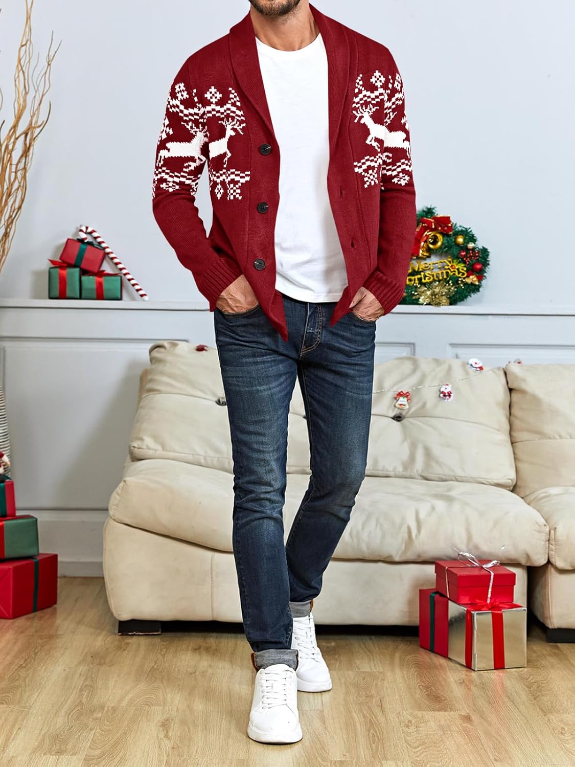 Bellivaro | Herre Strikket Cardigan med Sjalskrave | Varm Vintertrøje med Rensdyrmønster
