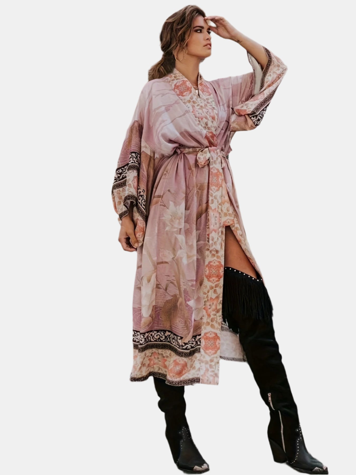 Greta Dames Kimono Jurk met Ceintuur en Bohemian Print – Lange Maxi Jurk