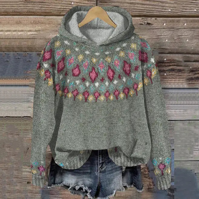 Oversized Fair Isle Striktrøje med Hætte til Kvinder