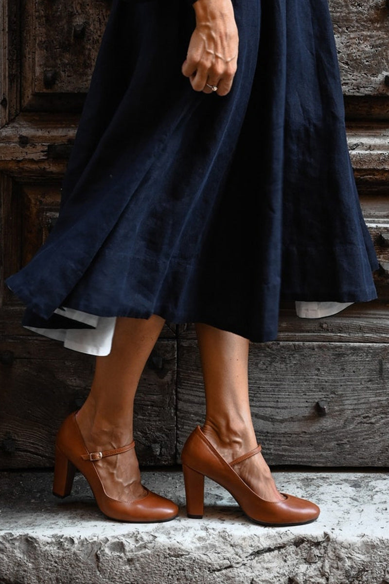Zapatos de tacón ancho para mujer con punta redonda y correa con hebilla ajustable