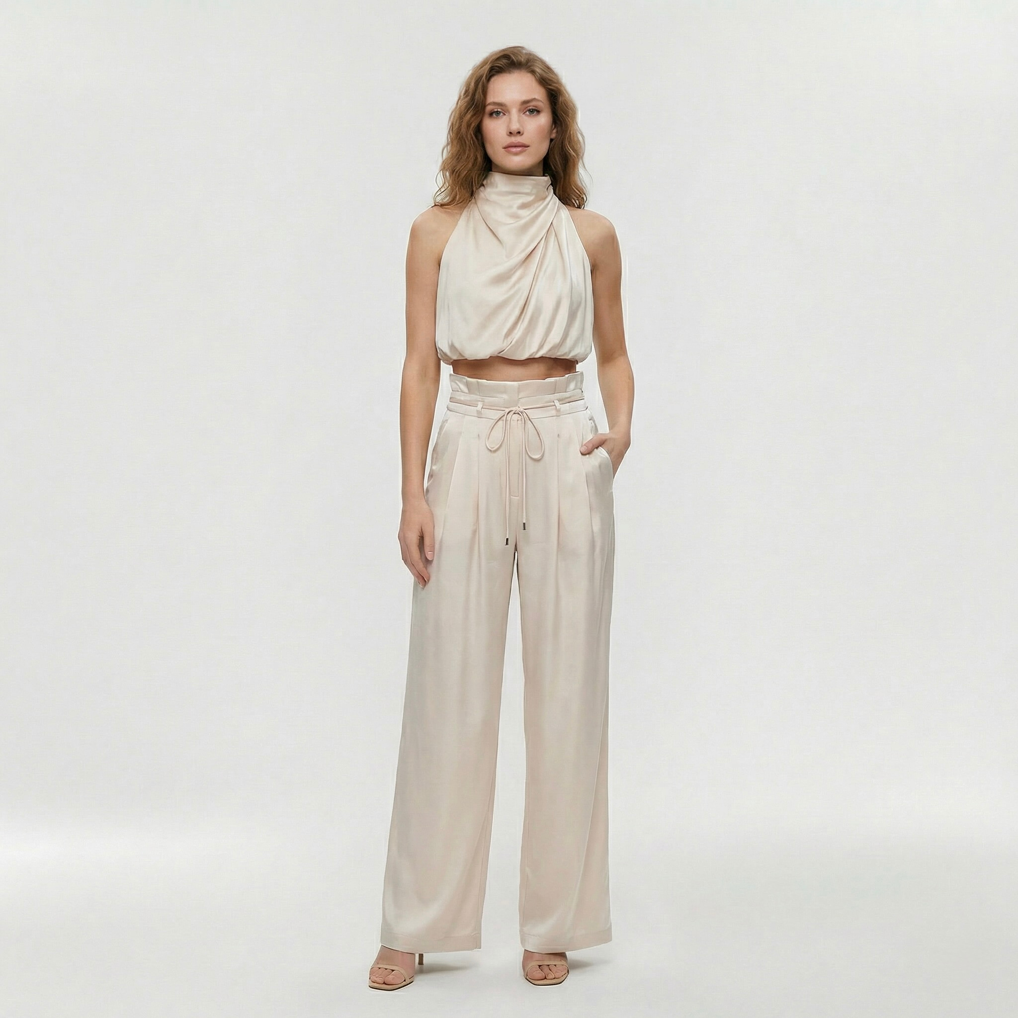 Ensemble élégant pour femme avec haut et pantalon au design léger et épuré, idéal pour les fêtes et le quotidien