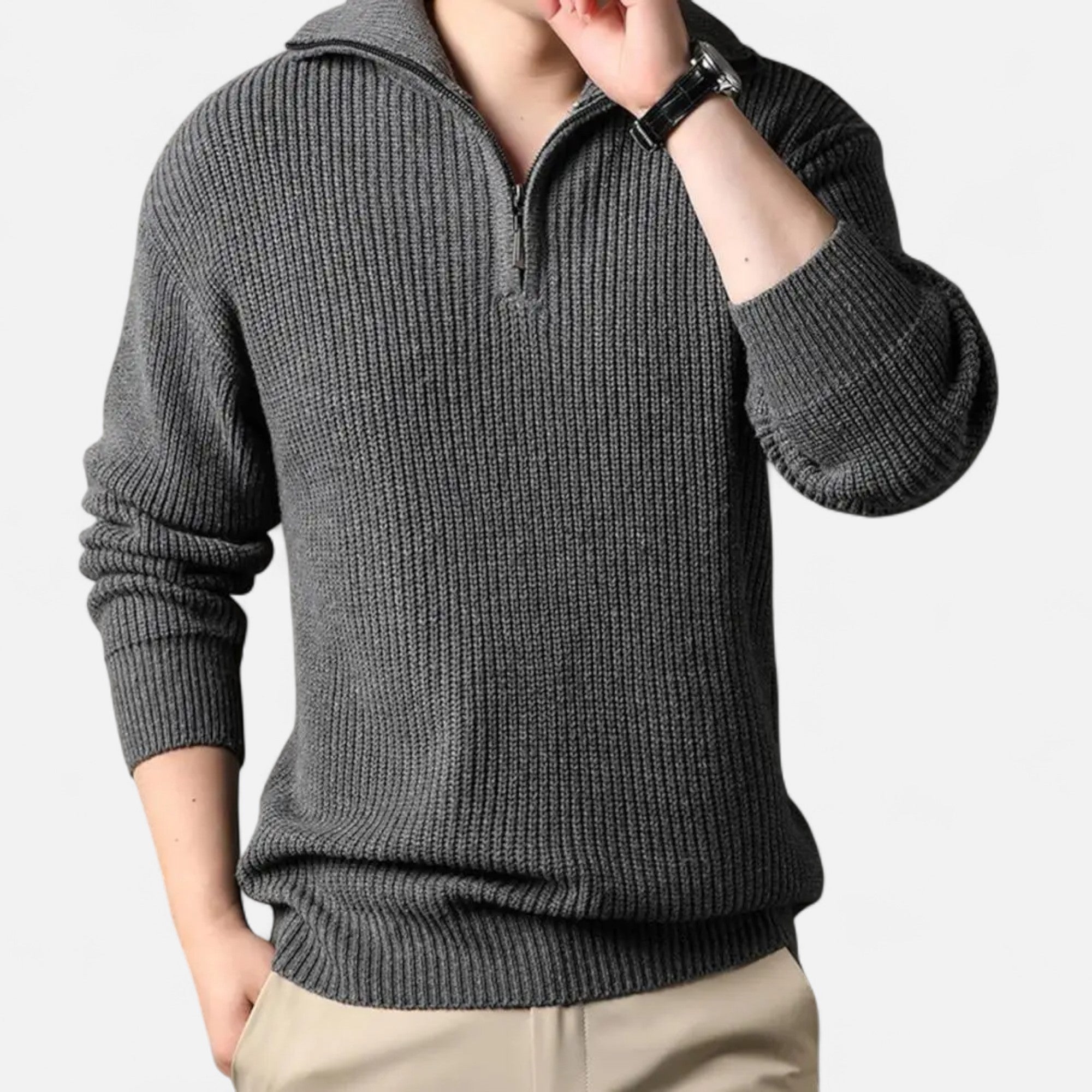Mænds Ribstrikkede Half-Zip Uldblandingsstrik
