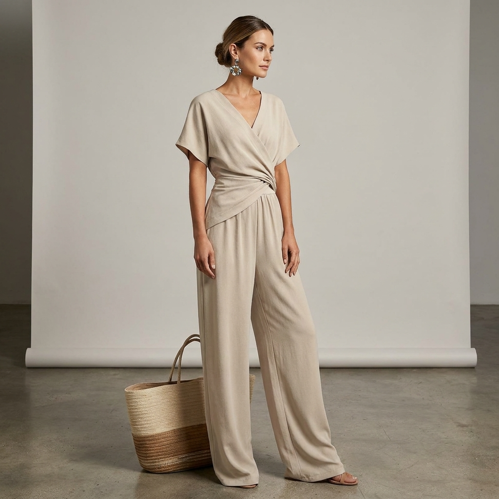 Jumpsuit til damer med V-udskæring og korte ærmer - Regular Fit
