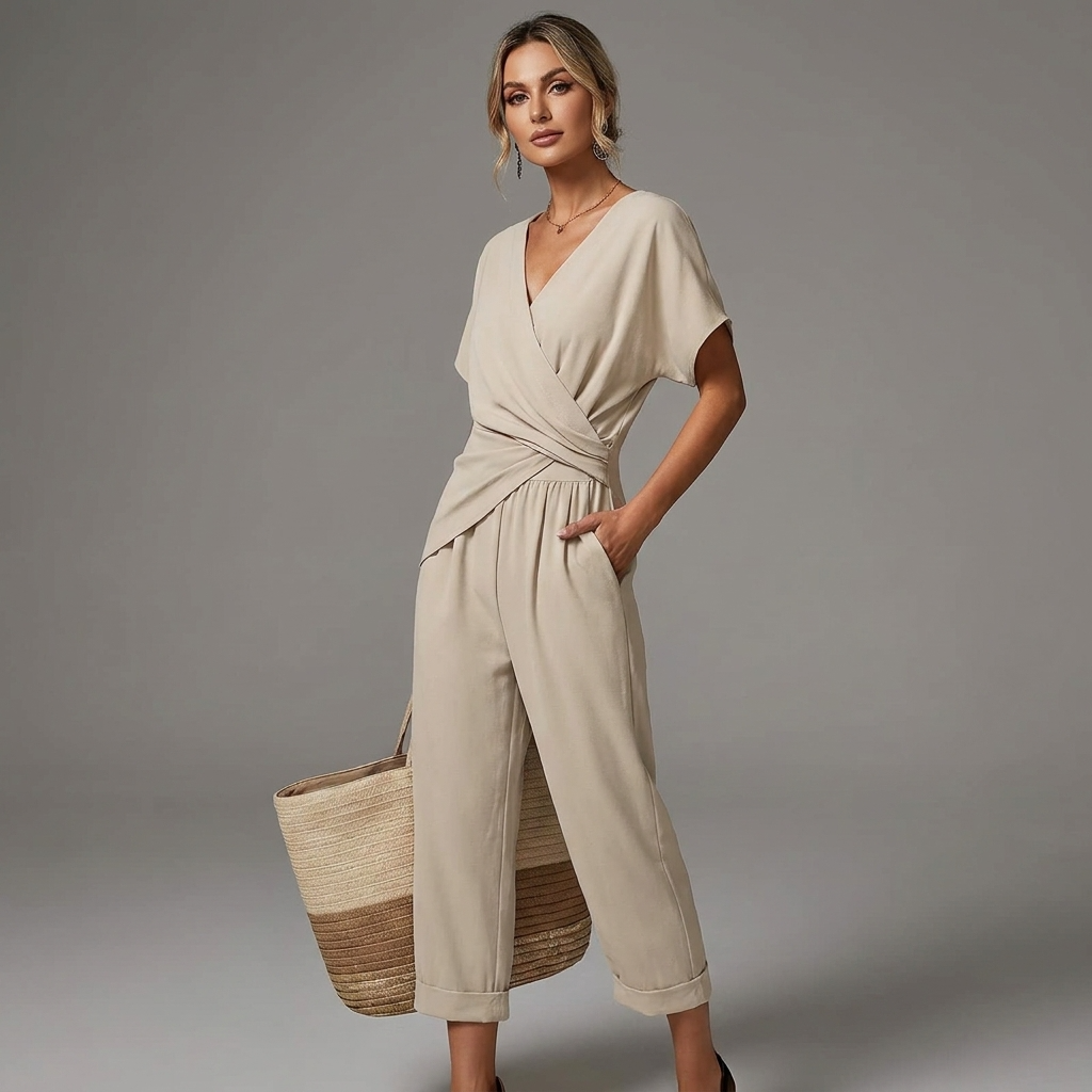 Jumpsuit til damer med V-udskæring og korte ærmer - Regular Fit